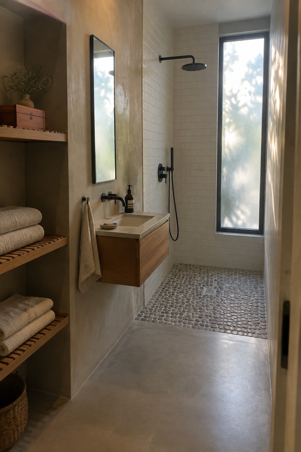 Warm taupe plaster walls beside a white-tiled shower in a narrow bathroom.