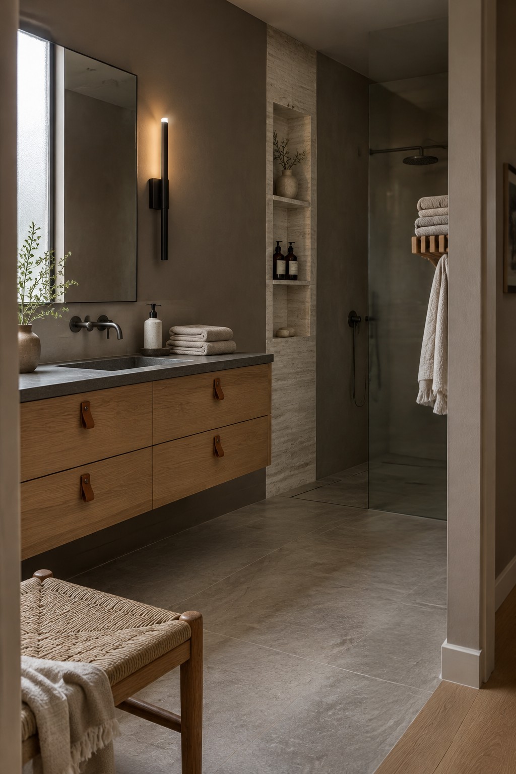 Warm taupe bathroom walls beside pale stone shower niches and an oak vanity.