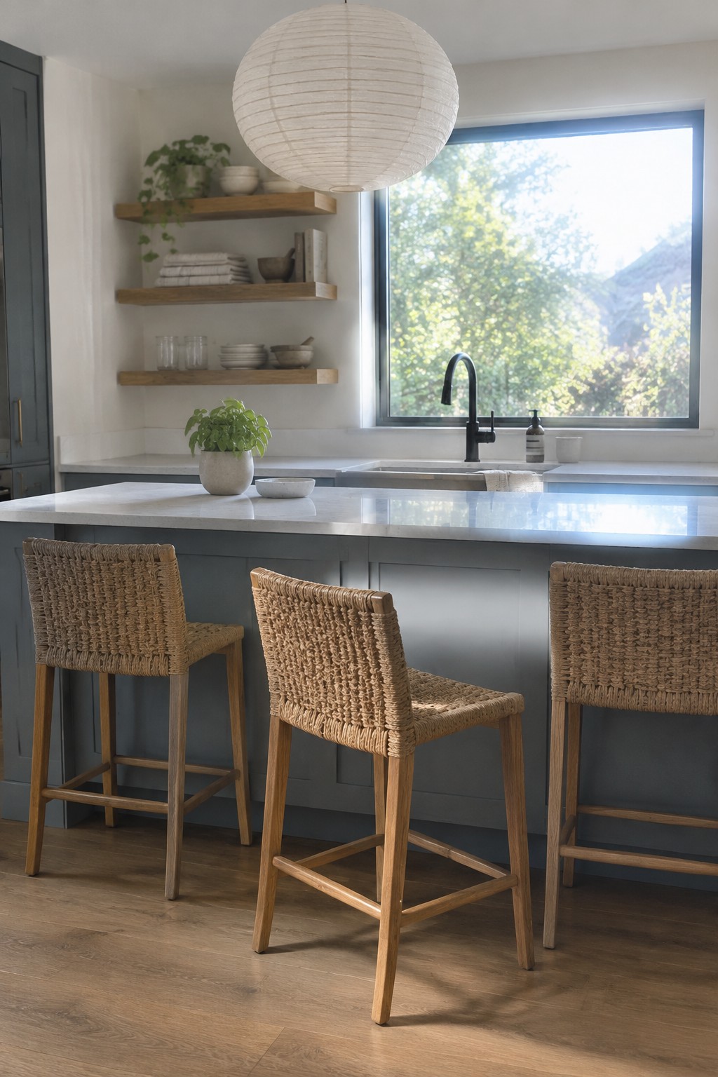 Blue-gray kitchen cabinets beneath a large window, with a pale island countertop.