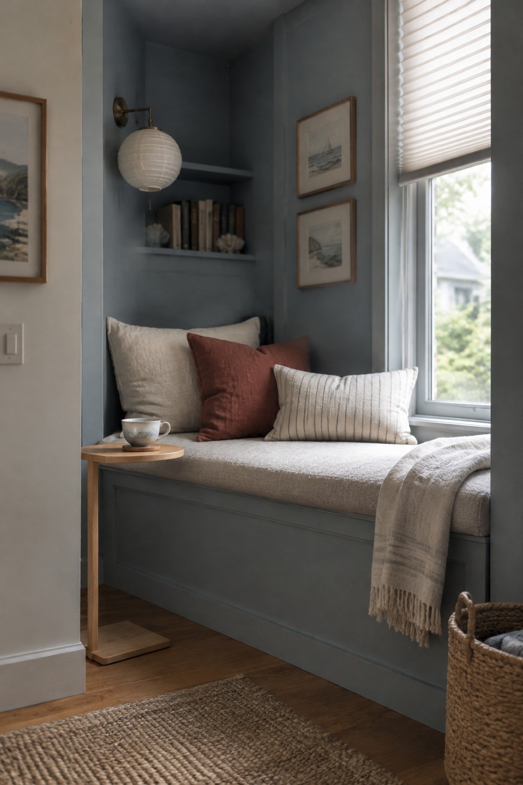 Blue-gray painted walls surround a built-in window seat with shelves.