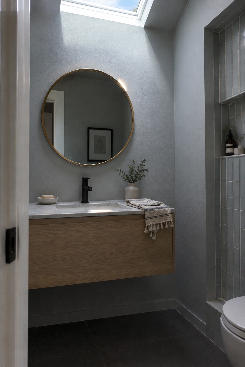 Cool gray-green painted walls in a bathroom with warm oak cabinetry and dark tile flooring.