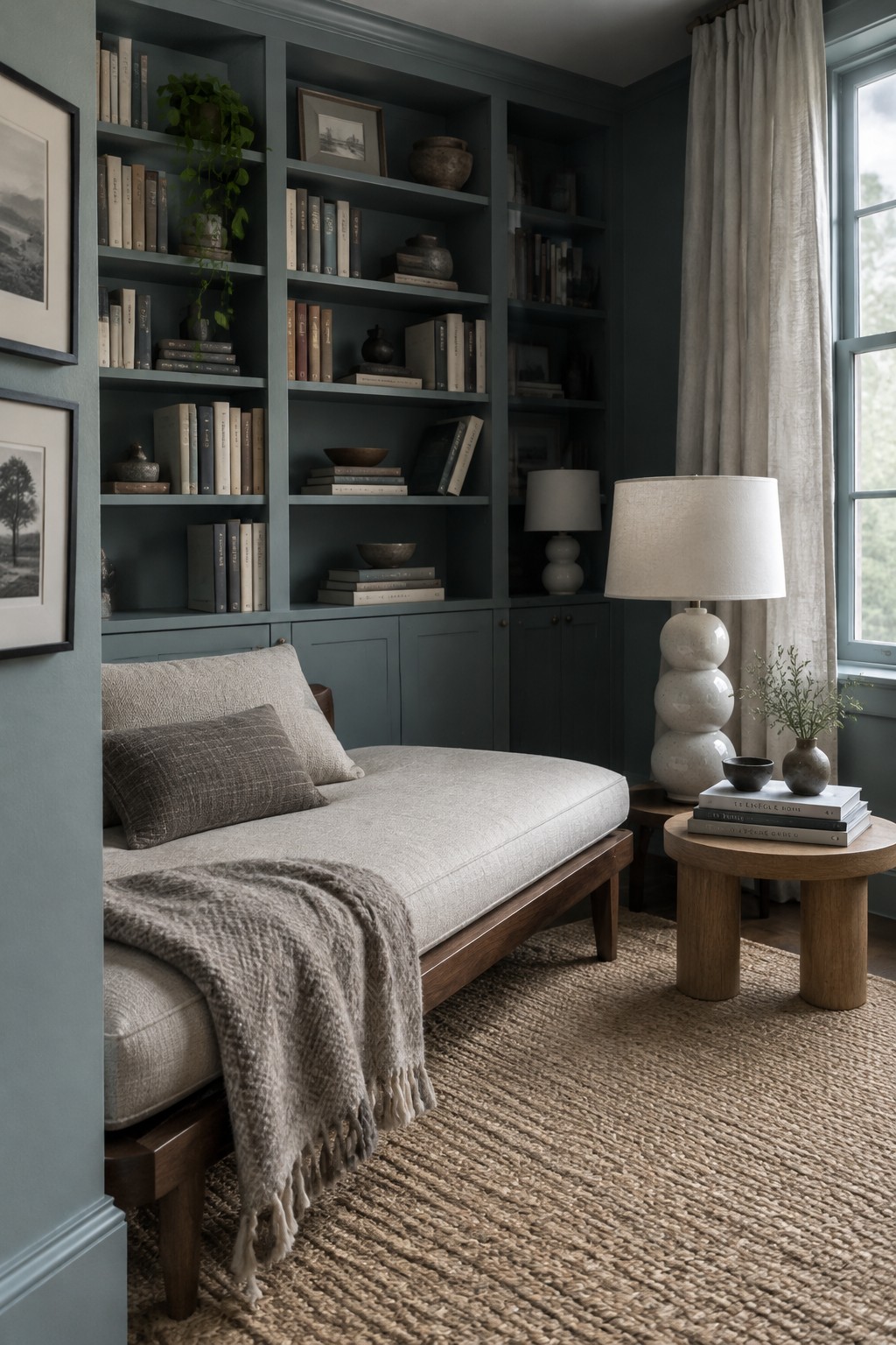 Deep blue-green built-in shelves and cabinets behind a daybed in a reading nook.
