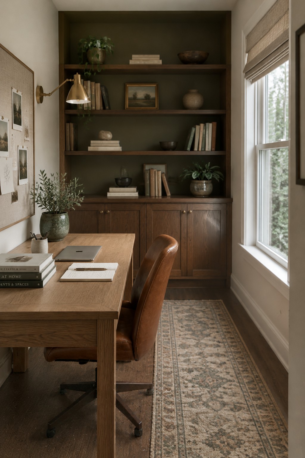 Deep olive built-in shelves and cabinets beside a warm wood desk in a home office.