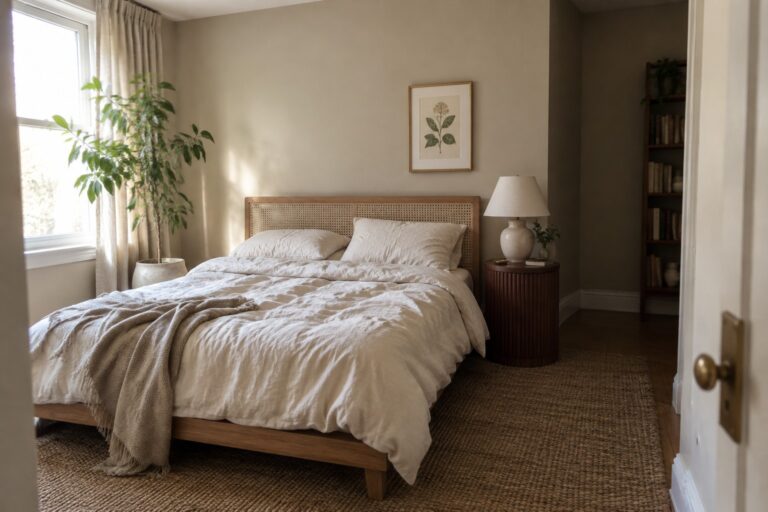 Warm taupe bedroom walls beside an oak bed and woven cane headboard.