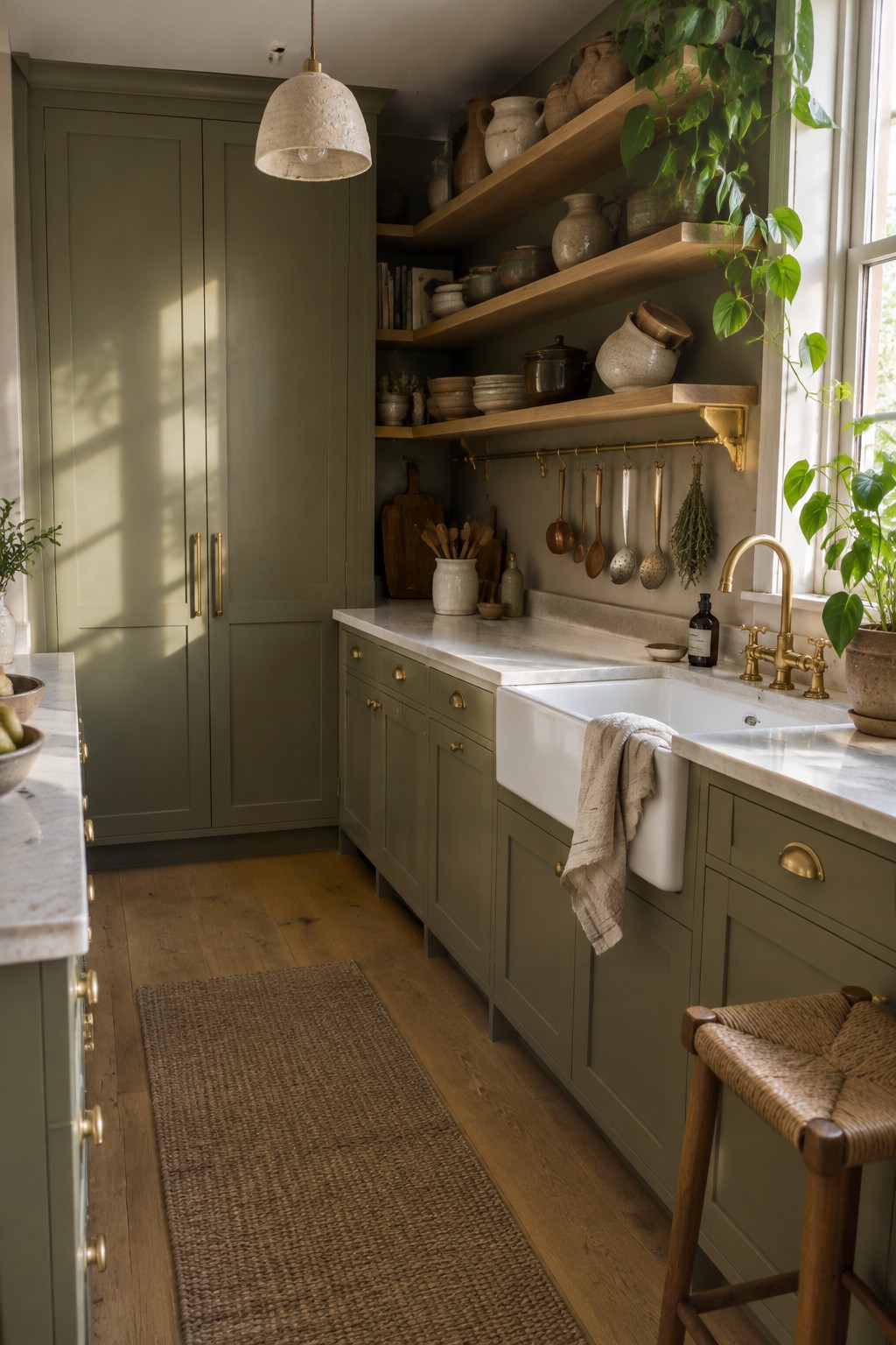 Muted olive kitchen cabinets with marble counters and open wood shelves.