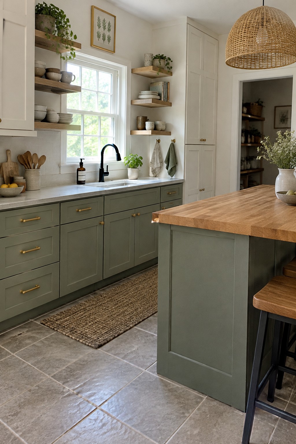 Muted sage-green kitchen cabinets beside a warm wood island.