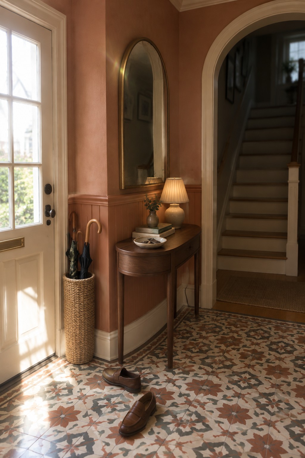 Muted terracotta walls above rose-colored wainscoting in a traditional entryway.