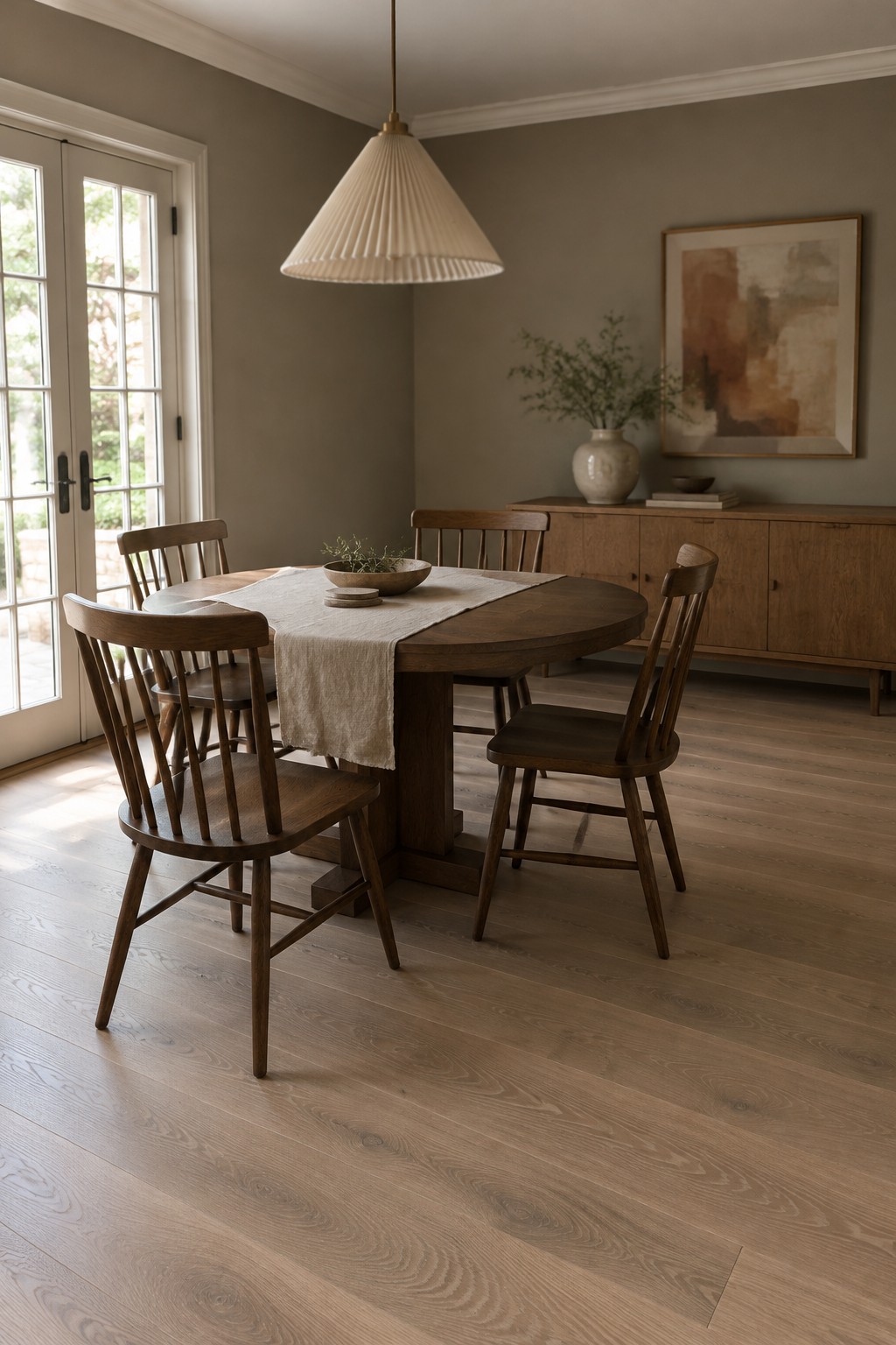 Warm gray-brown dining room walls with a dark wood table and chairs.