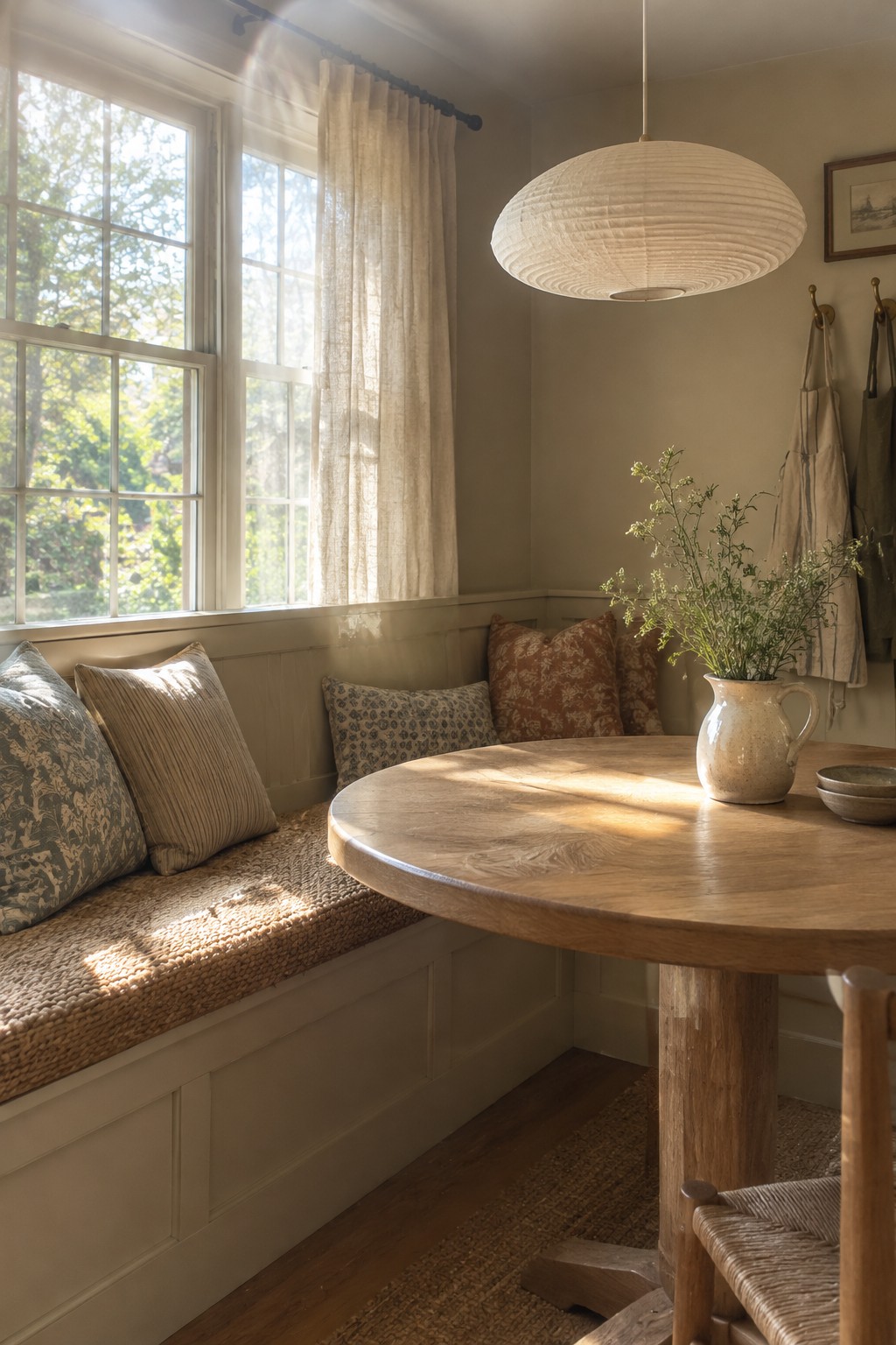 Warm greige walls above a built-in breakfast bench with a natural wood table.