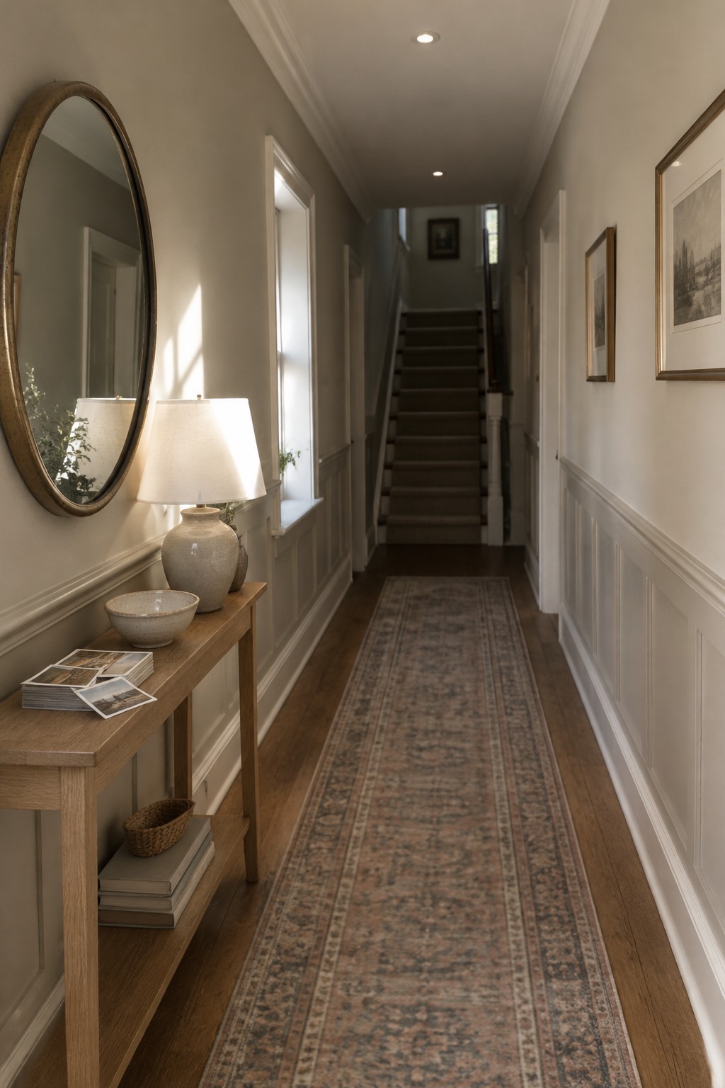 Warm greige hallway walls above white paneling, with wood floors and a runner leading to a staircase.