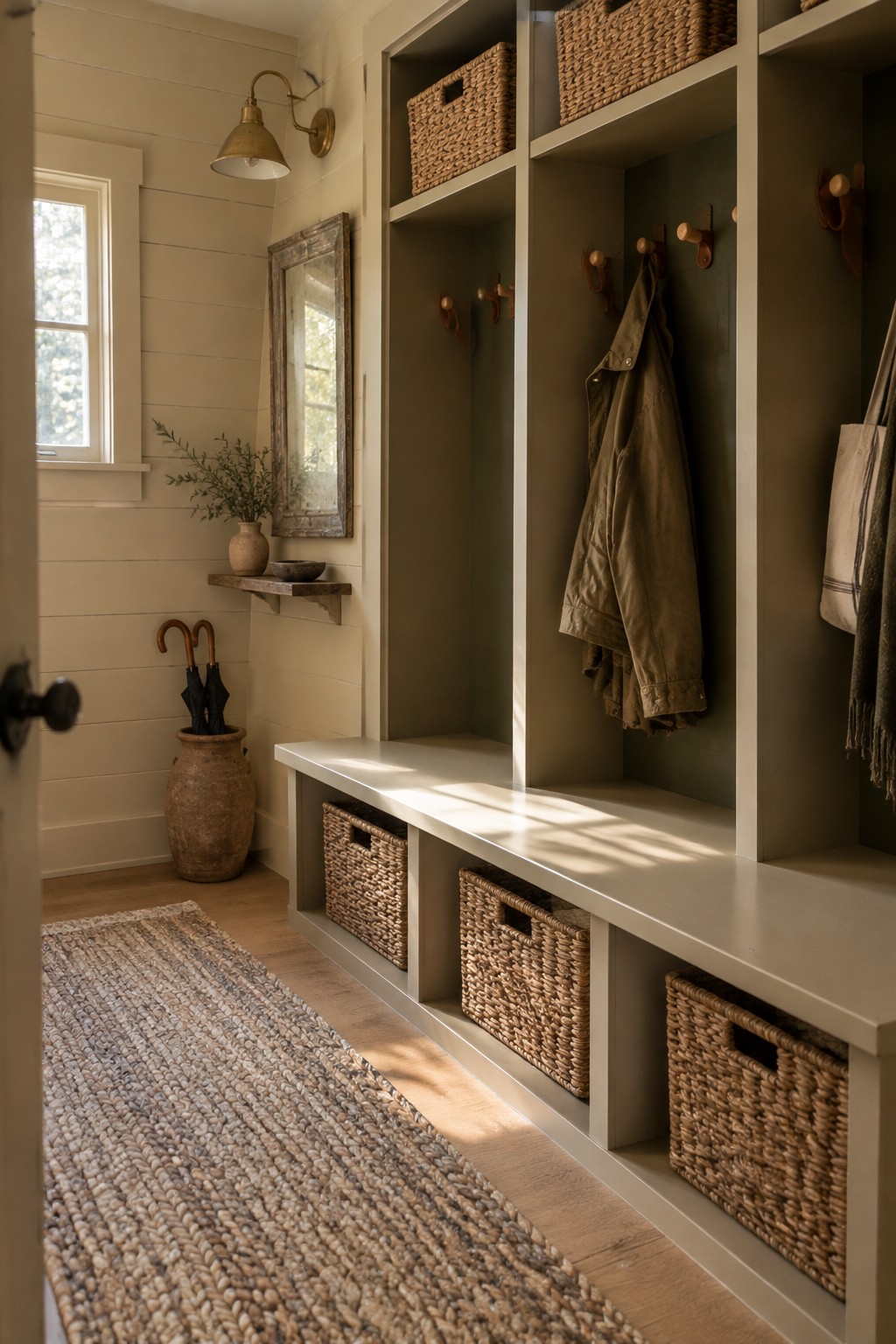 Warm greige built-ins with open cubbies and a bench in a mudroom.