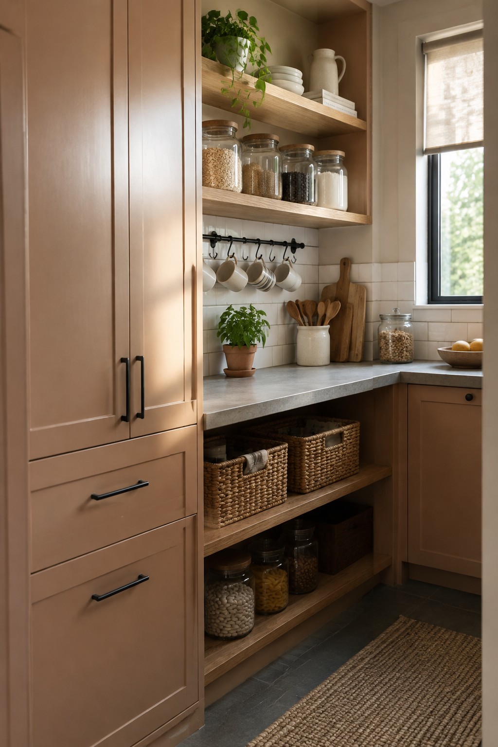 Warm taupe kitchen cabinets beside open oak shelves and white tile.
