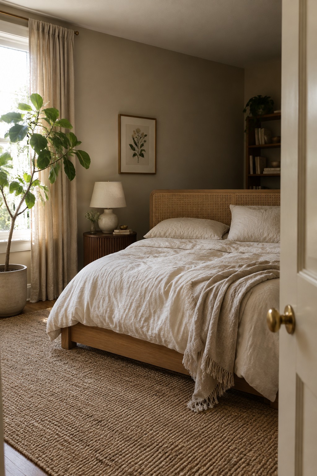 Warm taupe bedroom walls beside an oak bed and woven cane headboard.
