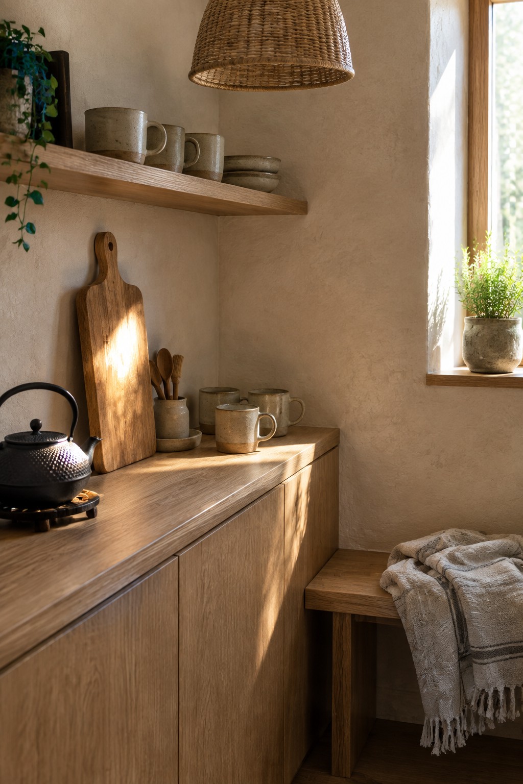 A small kitchen with open wooden shelves, ceramic cups and bowls, a wooden counter, and textured plaster walls.