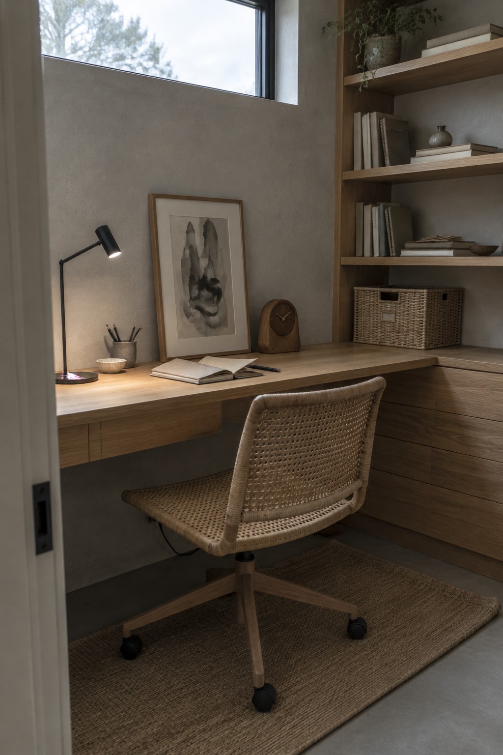A wood desk and built-in shelves sit against textured plaster walls in a small home office, with a woven chair on a natural fiber rug.