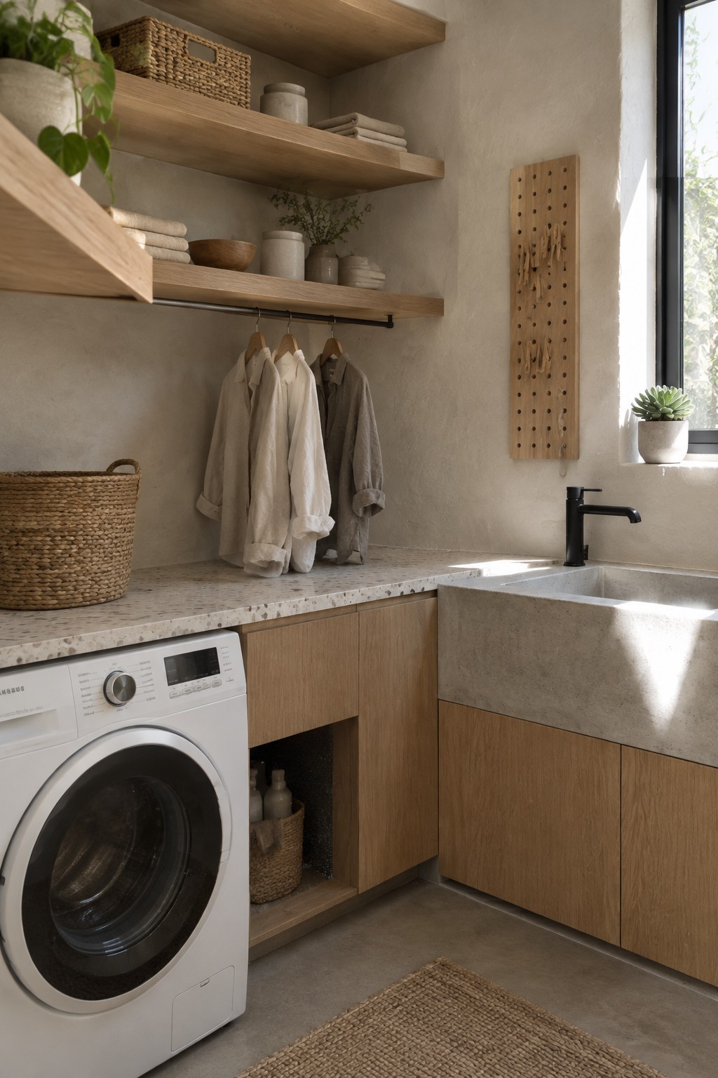 A laundry room with open wooden shelves, a hanging rail, a washing machine, and a concrete sink against plaster walls.