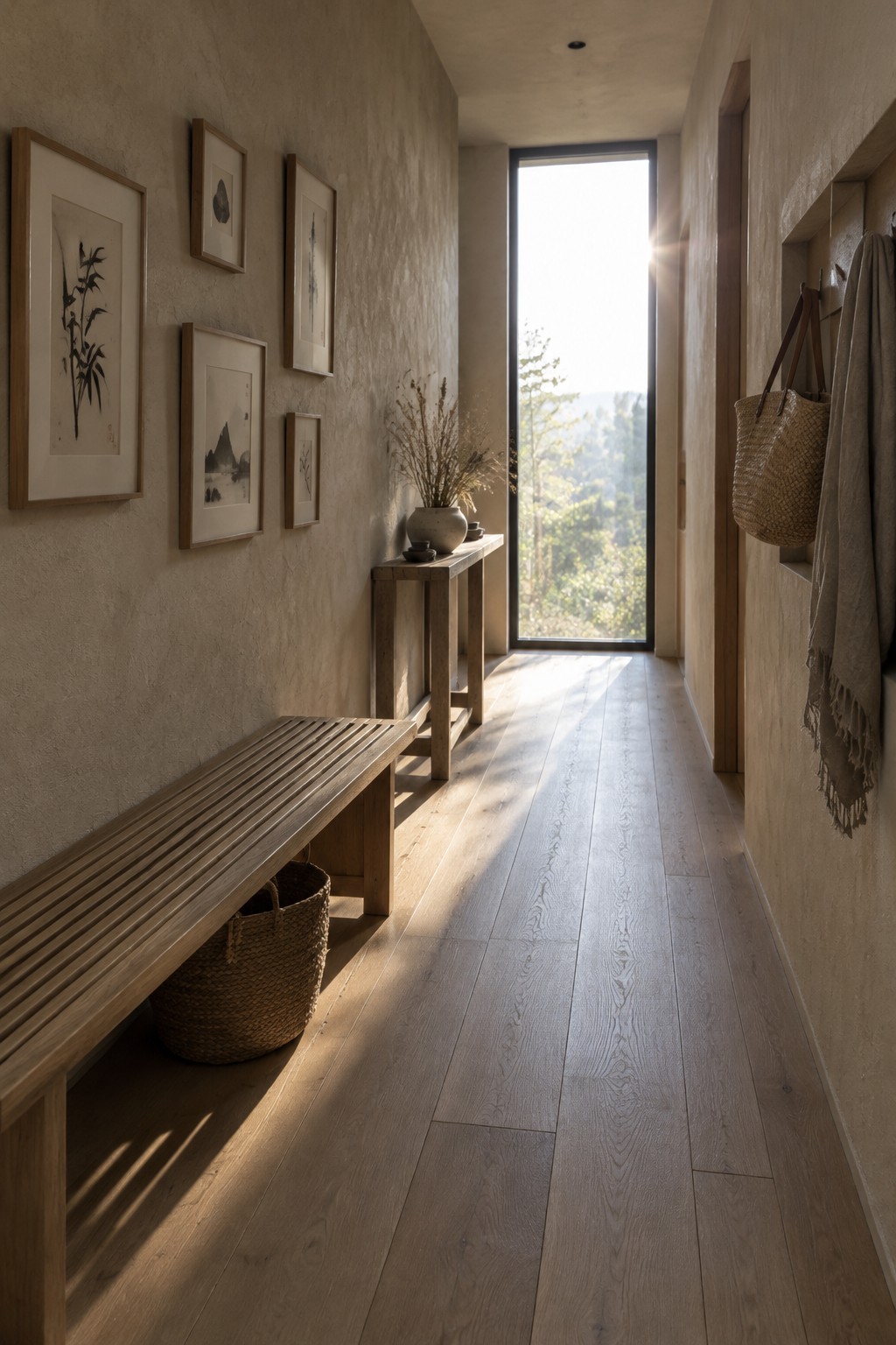 A narrow hallway with a slatted wooden bench, framed botanical prints, textured plaster walls, and a tall window at the far end.