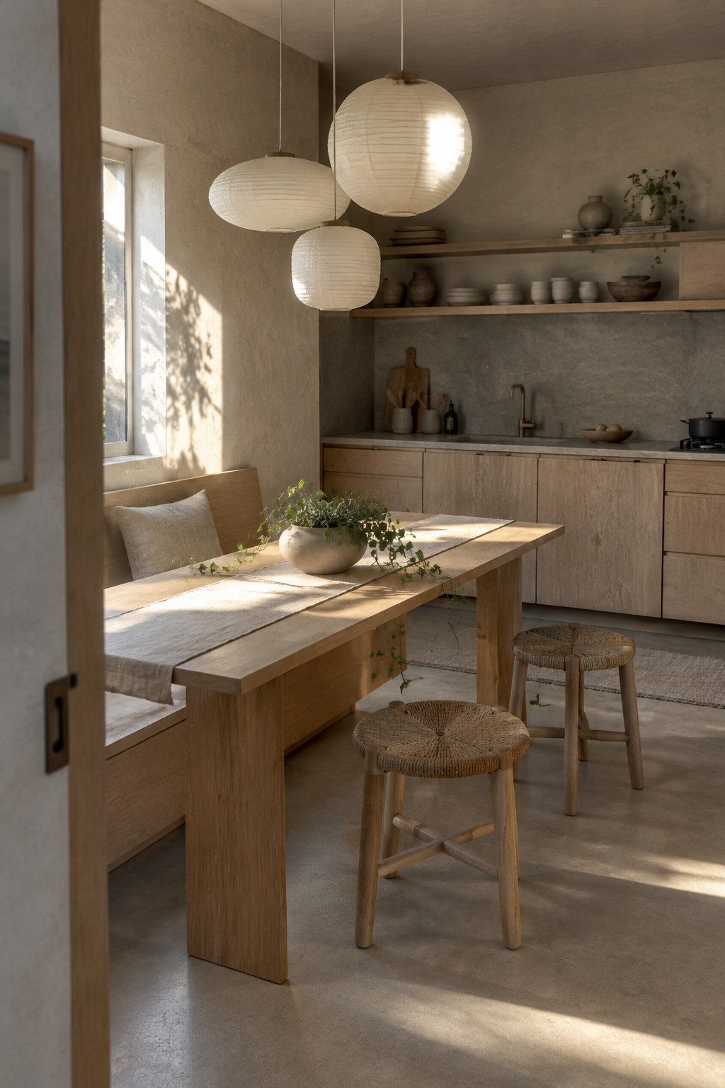 A wooden dining table sits beside a built-in bench with a pale cushion in a kitchen with plaster walls.