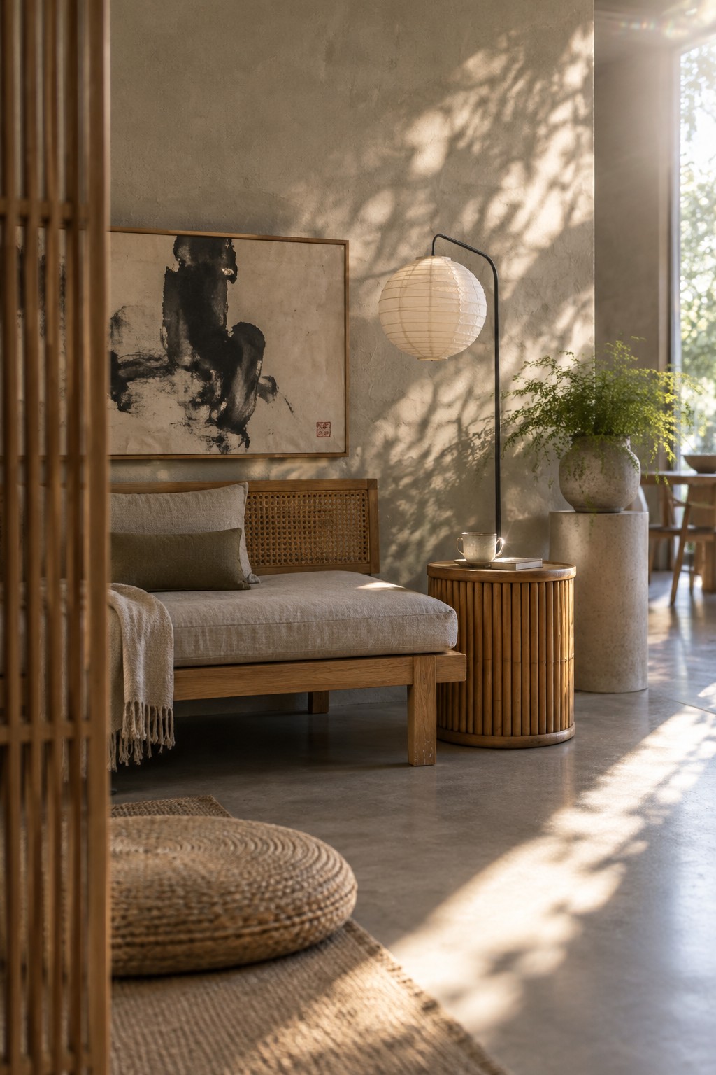 A low wooden bench with beige cushions sits beneath an abstract painting on a textured plaster wall.