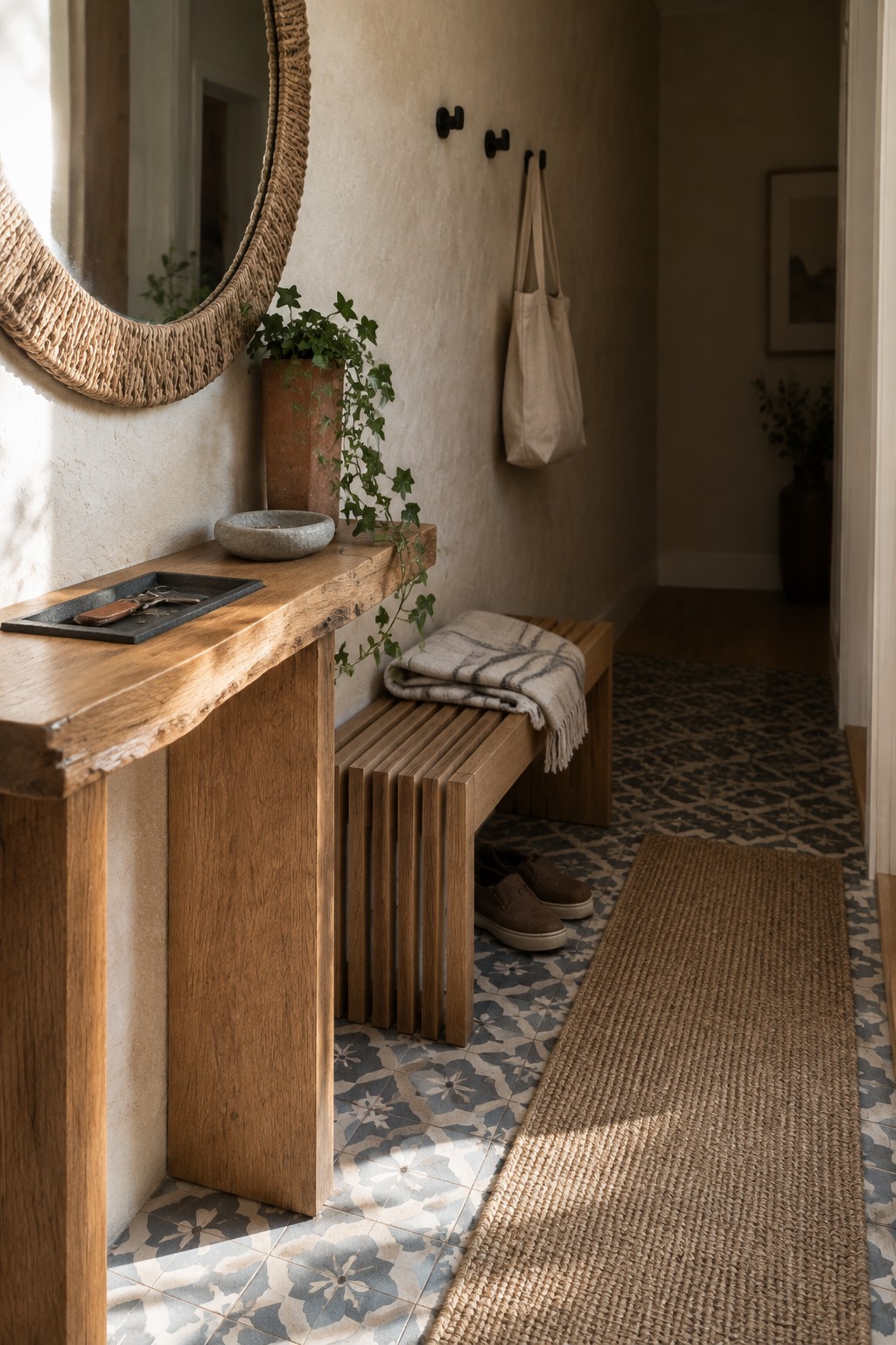 A wooden console table stands against a textured plaster wall in a narrow entryway, beside a slatted bench and patterned tile floor.