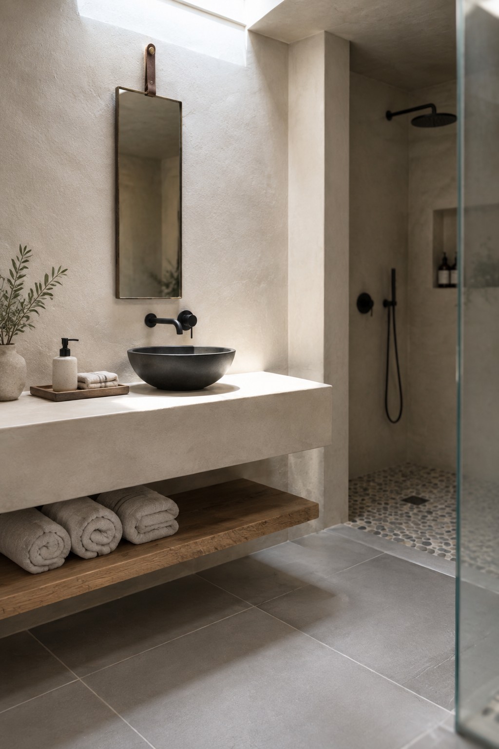 A bathroom with textured beige walls, a stone vessel sink, a wooden shelf holding towels, and a glass-enclosed shower.
