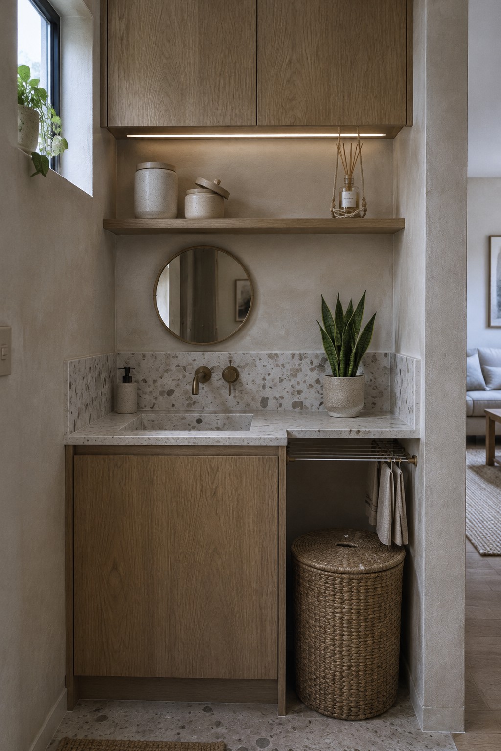A bathroom vanity nook with wood cabinets, a terrazzo counter, a round mirror, and a woven hamper.