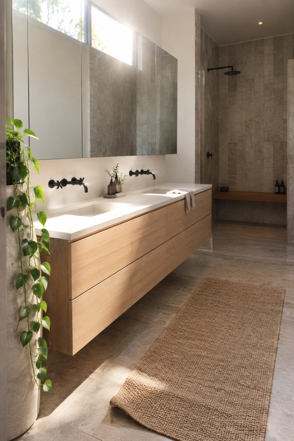 A floating light wood double vanity with two white basins and black faucets sits beside a tiled shower in a bathroom.