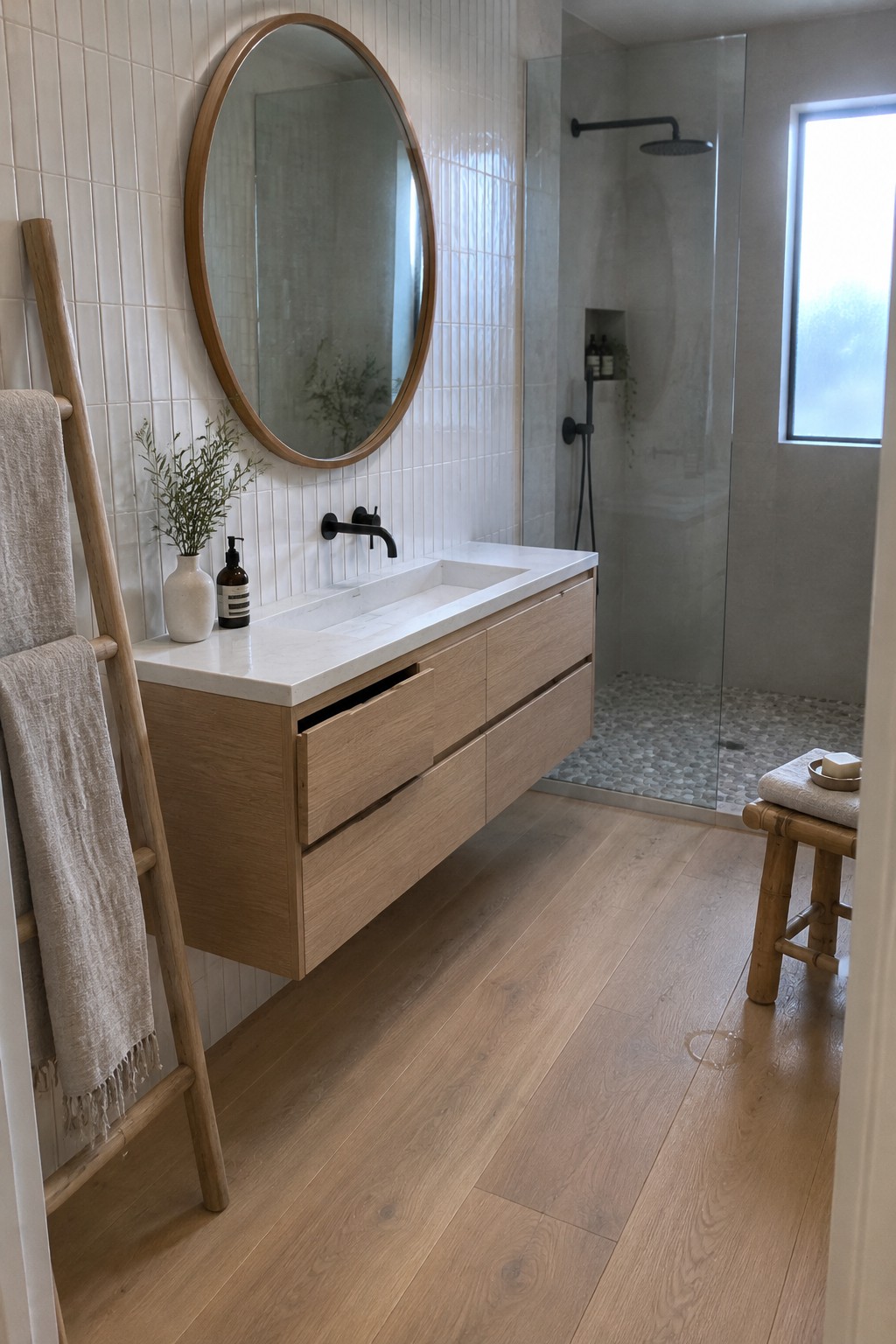 A floating wood vanity with a white countertop sits beneath an oval mirror in a bathroom with a glass shower.