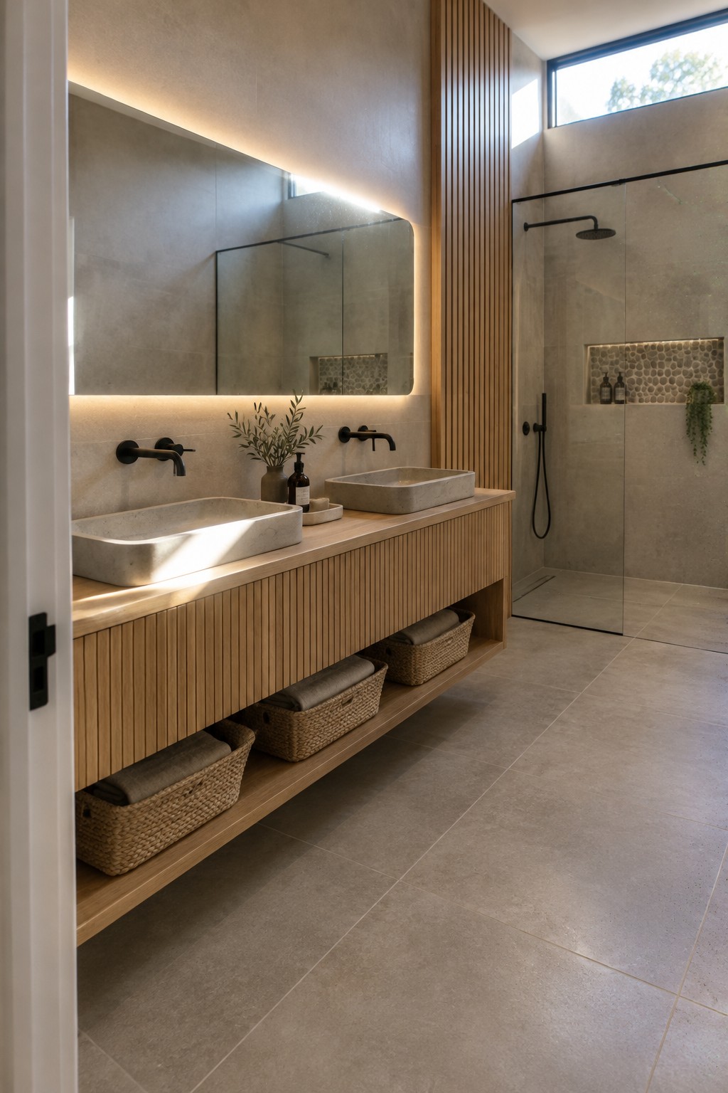 A double-sink bathroom vanity with a wood slatted front, open storage baskets, and a large mirror beside a glass shower.