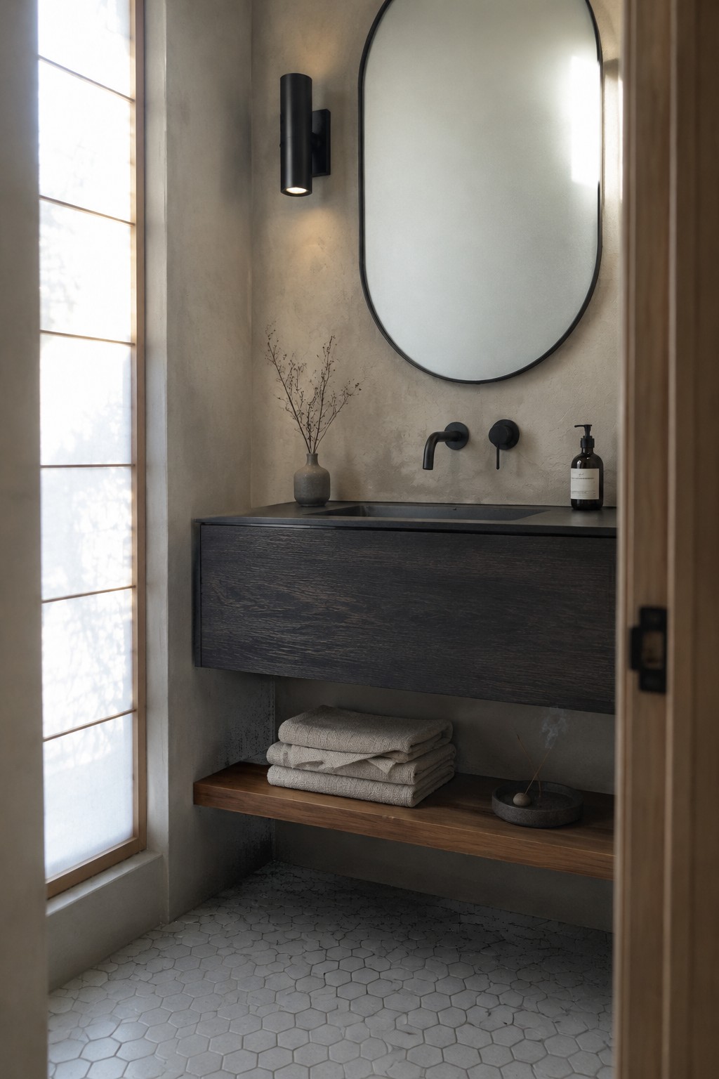 A dark wood floating vanity sits beneath an oval mirror in a bathroom with concrete walls, a wall-mounted faucet, and hexagonal floor tiles.
