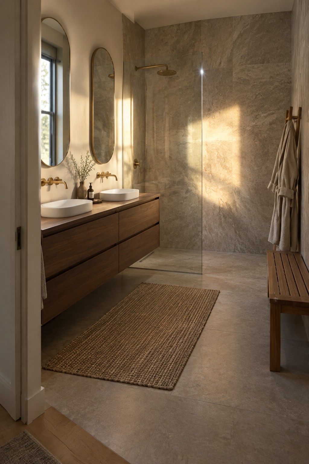 A floating wood double vanity with white vessel sinks sits beside a glass shower in a bathroom with stone tile.