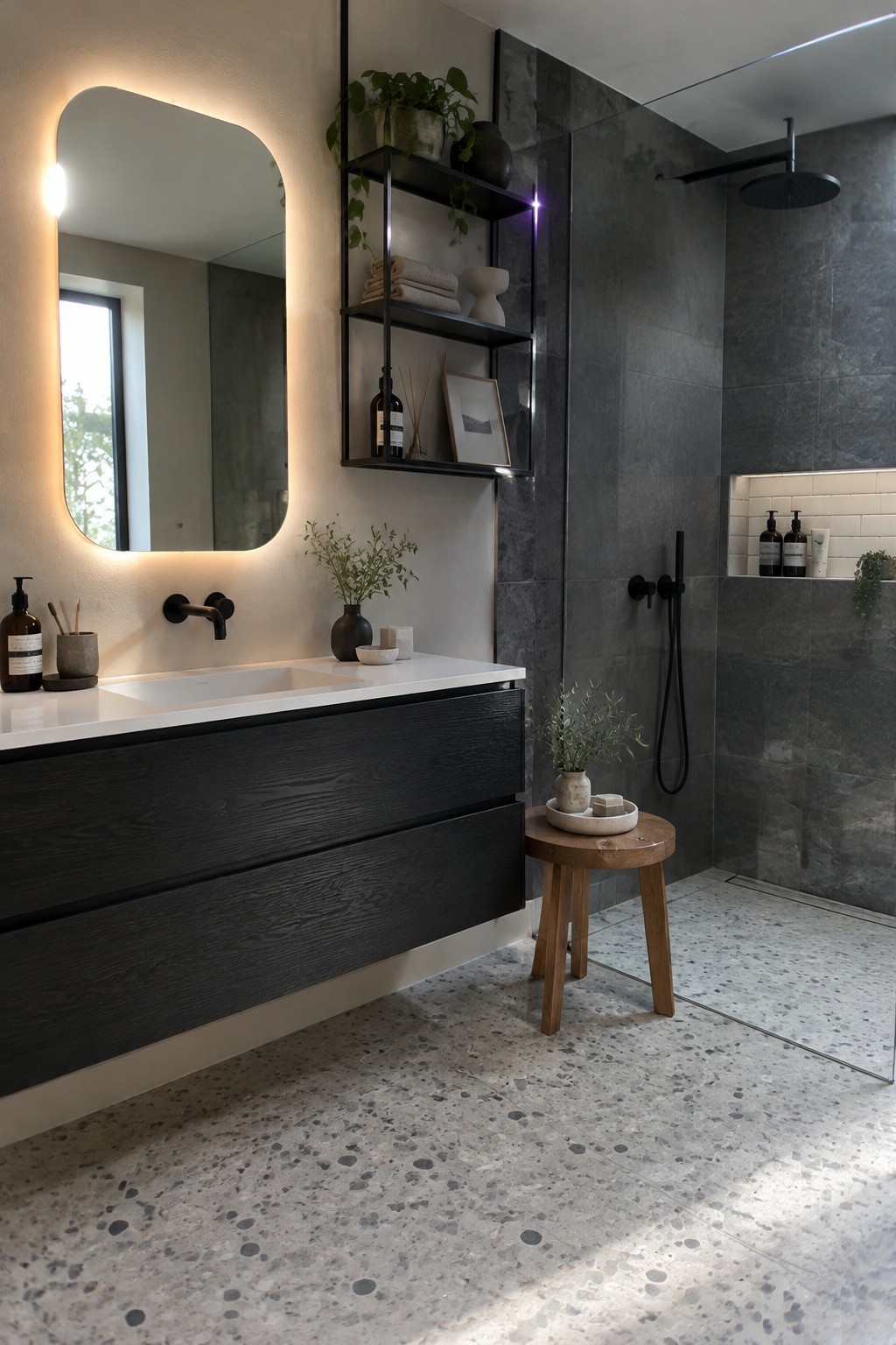 A dark floating vanity with a white countertop sits beside a gray tiled shower in a bathroom with a lit mirror and terrazzo floor.