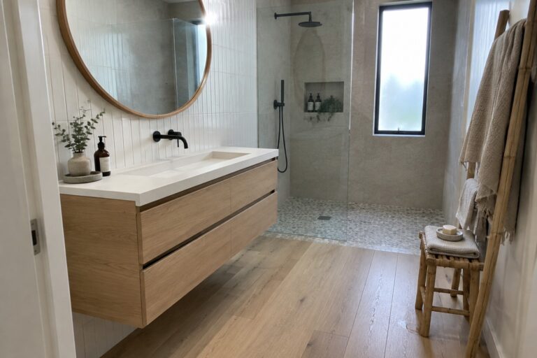 A floating wood vanity with a white countertop sits beneath an oval mirror in a bathroom with a glass shower.
