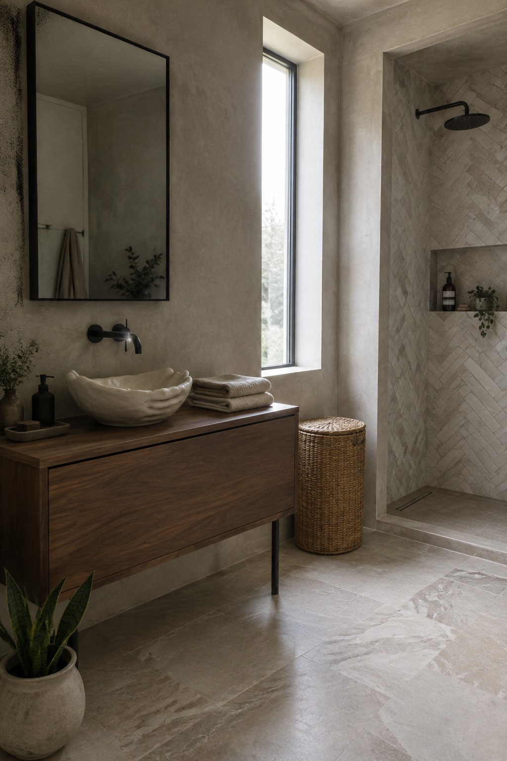 A wood floating vanity with a vessel sink sits beside a tiled walk-in shower in a neutral bathroom.