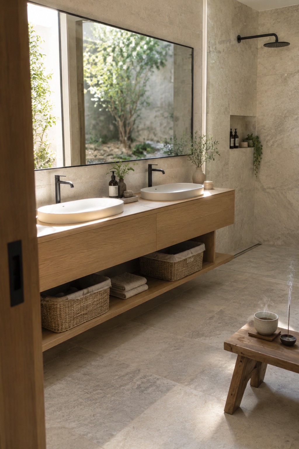 A bathroom with a long wood floating vanity, two white vessel sinks, black faucets, and a large mirror.