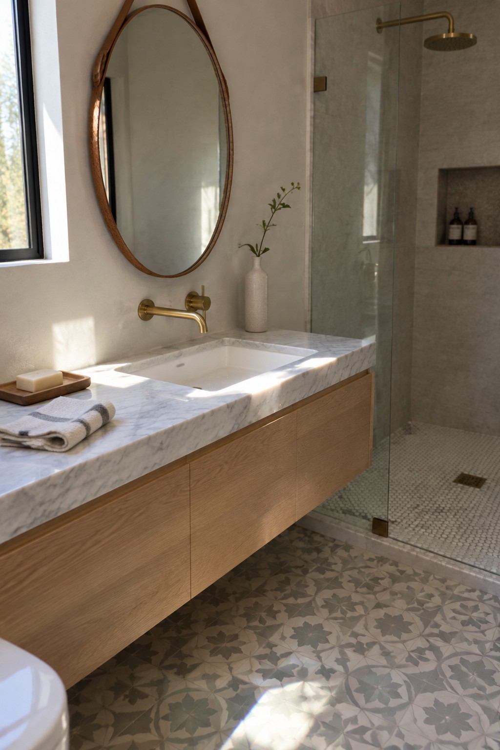A bathroom with a floating wood vanity, white marble countertop, oval wood-framed mirror, brass faucet, and patterned floor tiles.