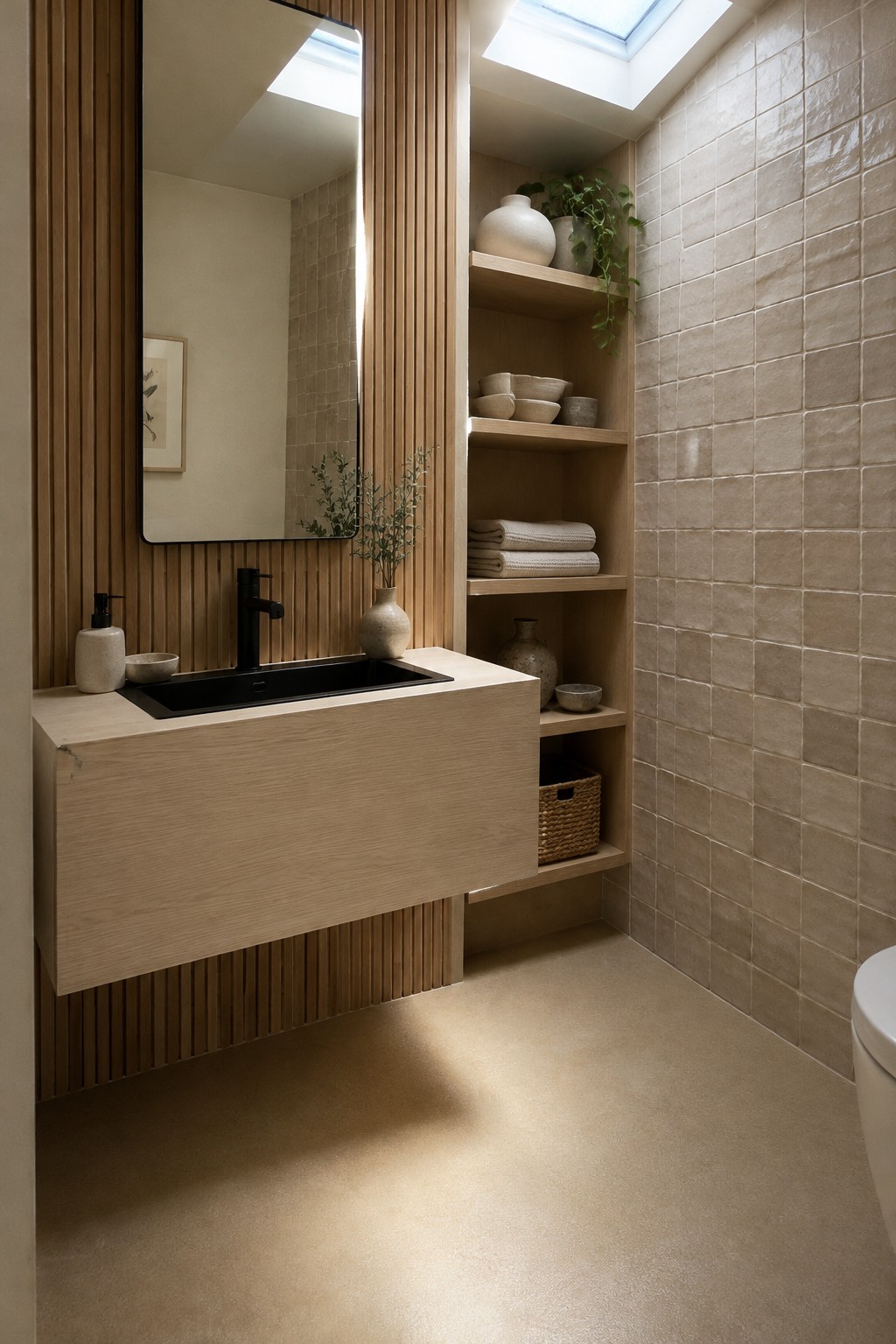 A bathroom with a floating light wood vanity, black sink and faucet, and open built-in shelves holding towels and ceramics.
