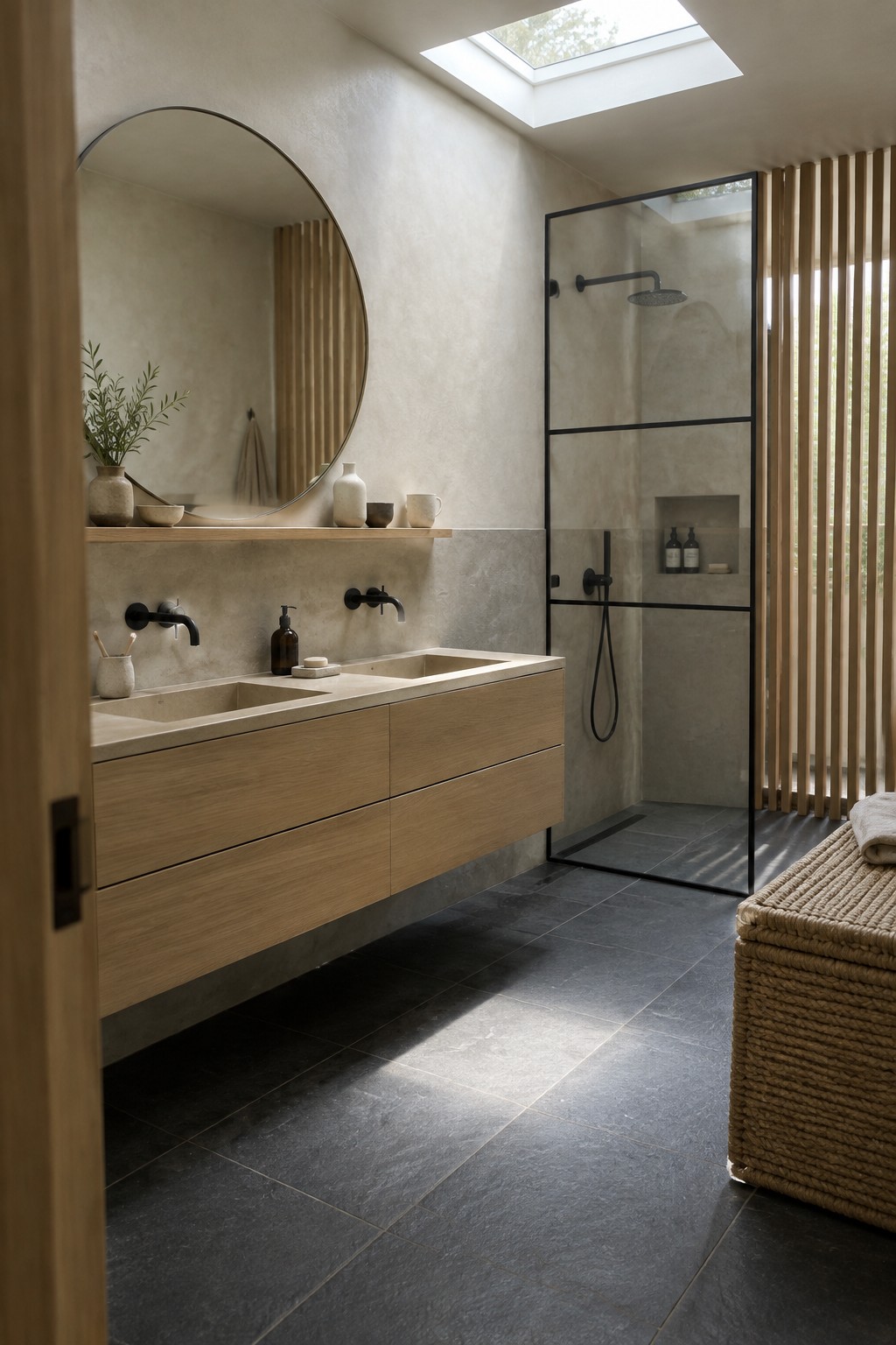 A floating light wood vanity with two integrated stone basins sits beneath a large round mirror in a bathroom with a glass shower enclosure.