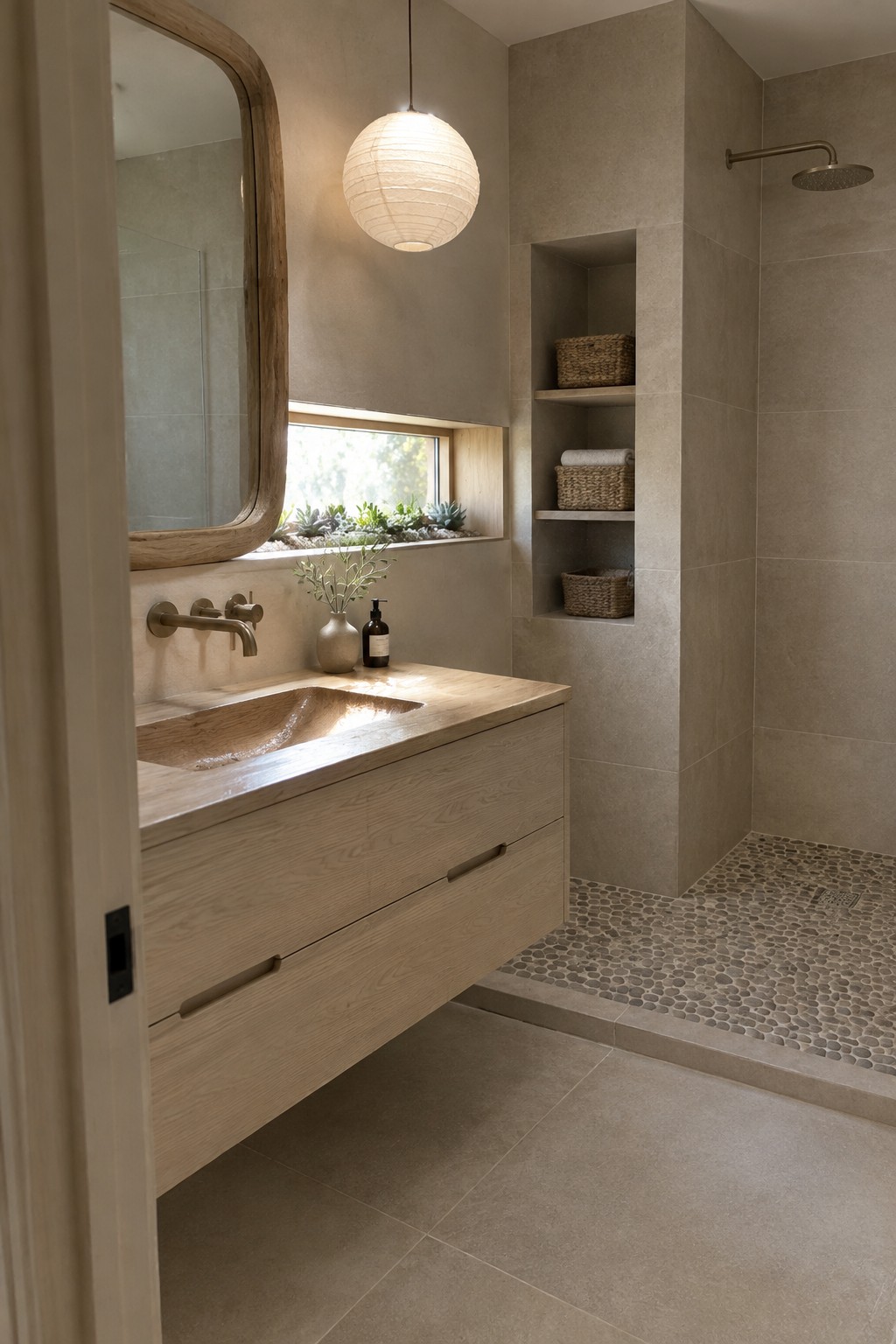 A pale wood floating vanity with an integrated sink sits beside a tiled shower with recessed shelves and pebble flooring.