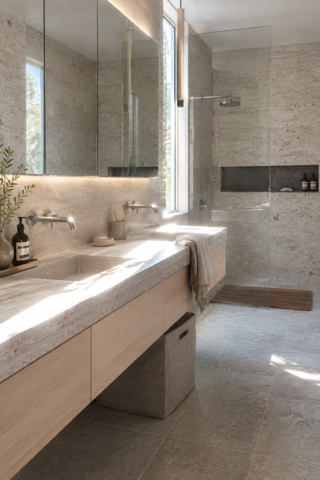 A bathroom with a floating light wood vanity, pale stone countertop and walls, and a glass-enclosed shower.
