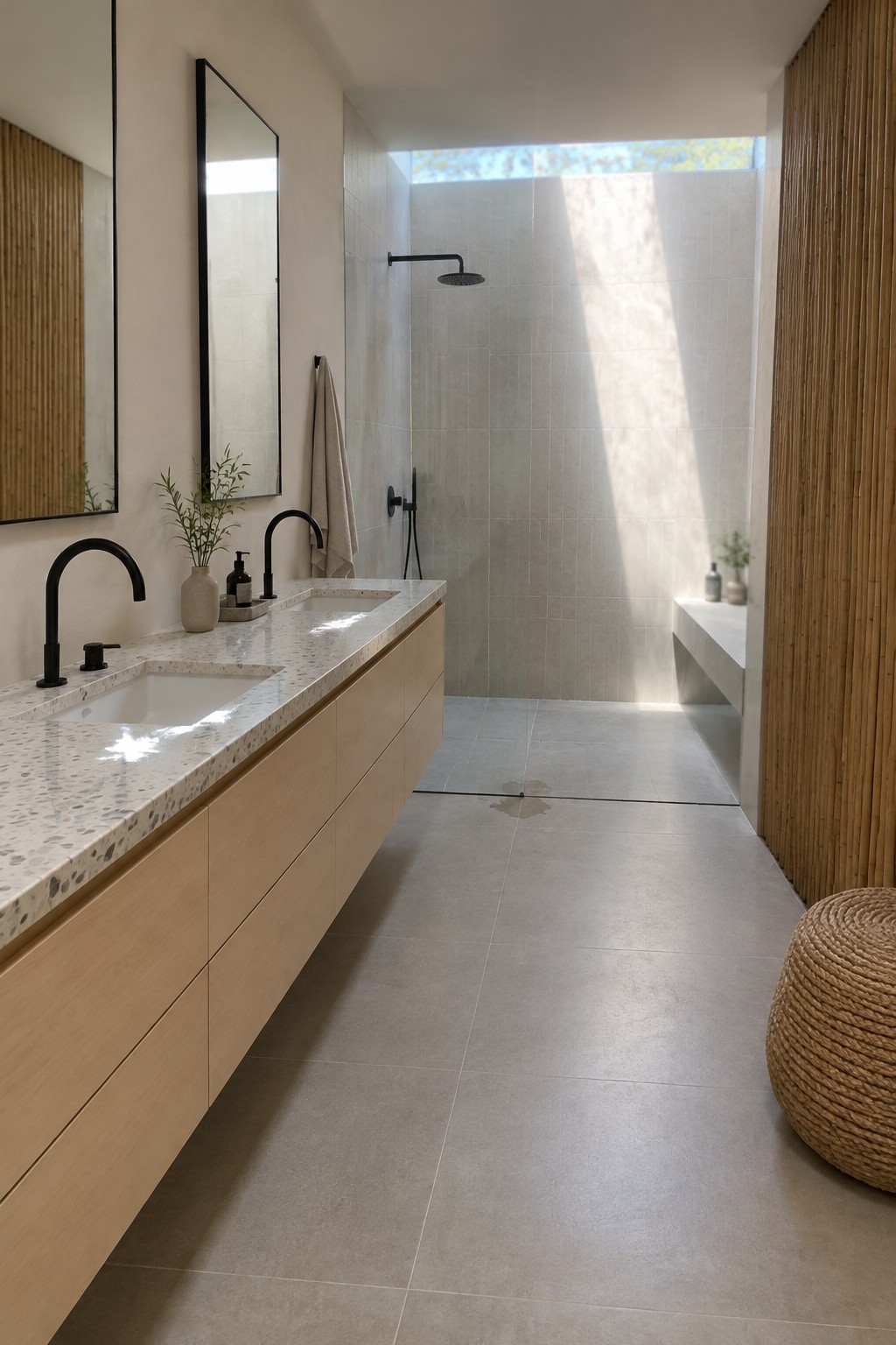 A light wood floating double vanity with a terrazzo countertop and black faucets in a tiled bathroom.