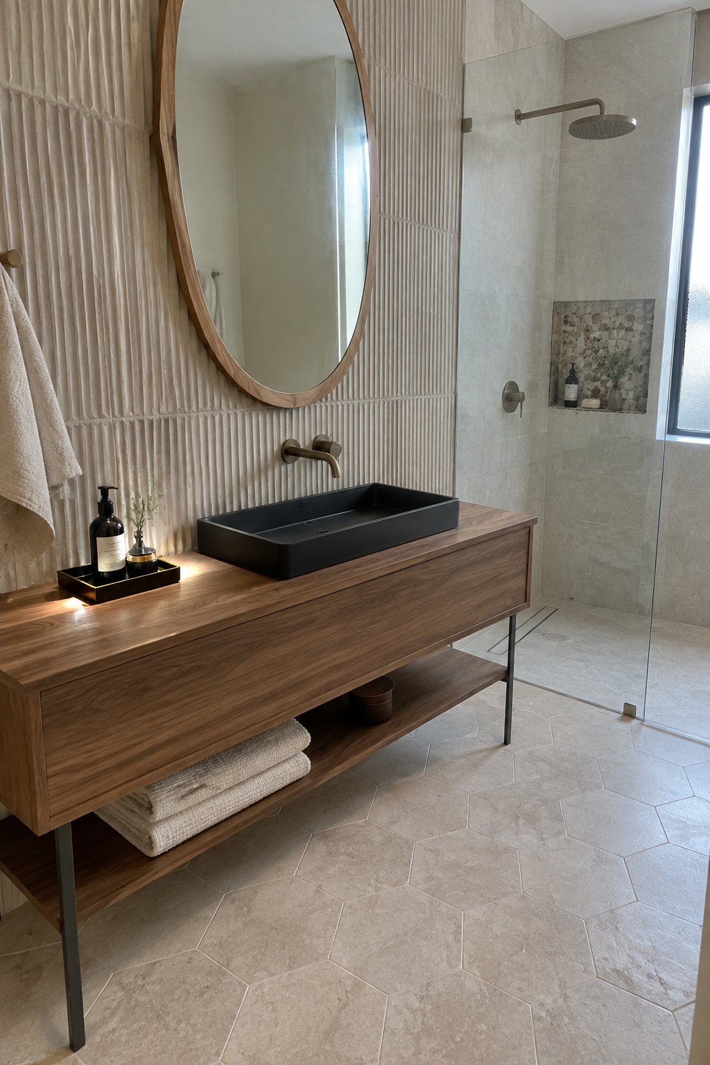 A floating wood vanity with a black vessel sink sits against a ribbed beige tile wall in a bathroom with a glass shower.