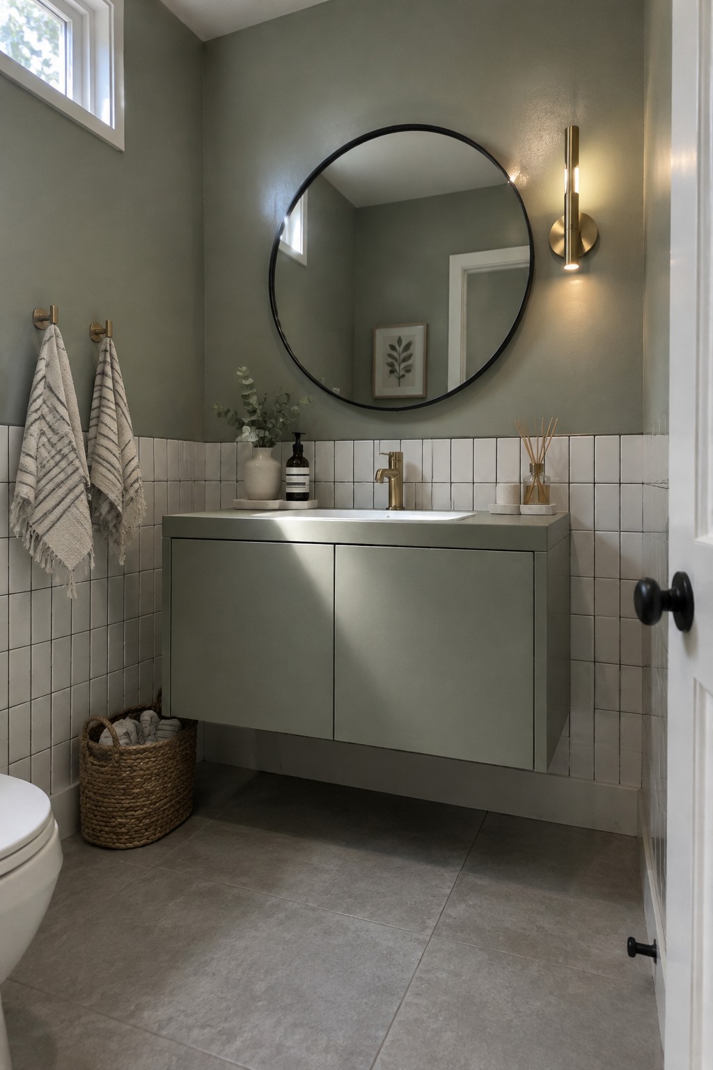 Muted sage-green bathroom walls above white square tile and a floating vanity.