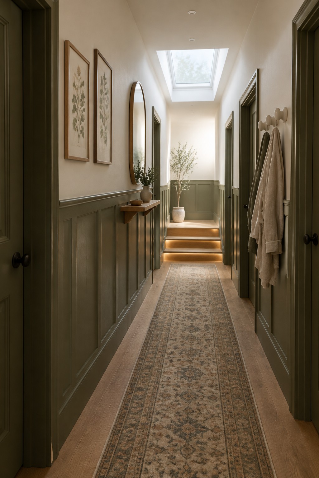 Muted sage paint covers the lower paneled walls of a narrow hallway.