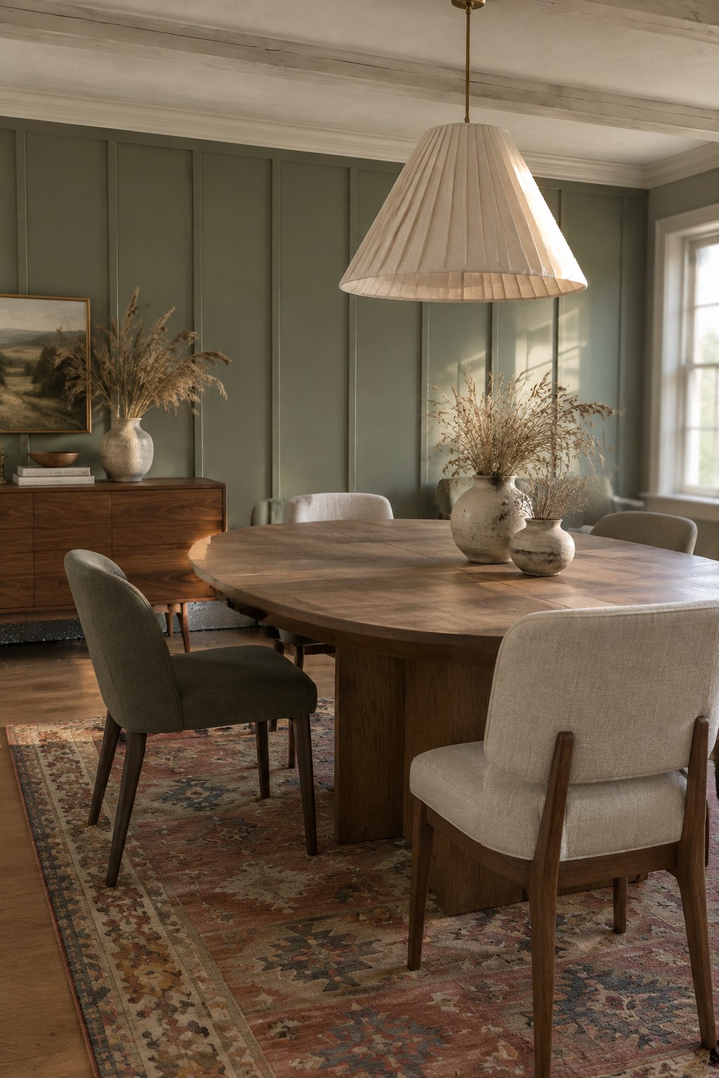 Muted sage green paint covers the paneled walls of a dining room with warm wood flooring.