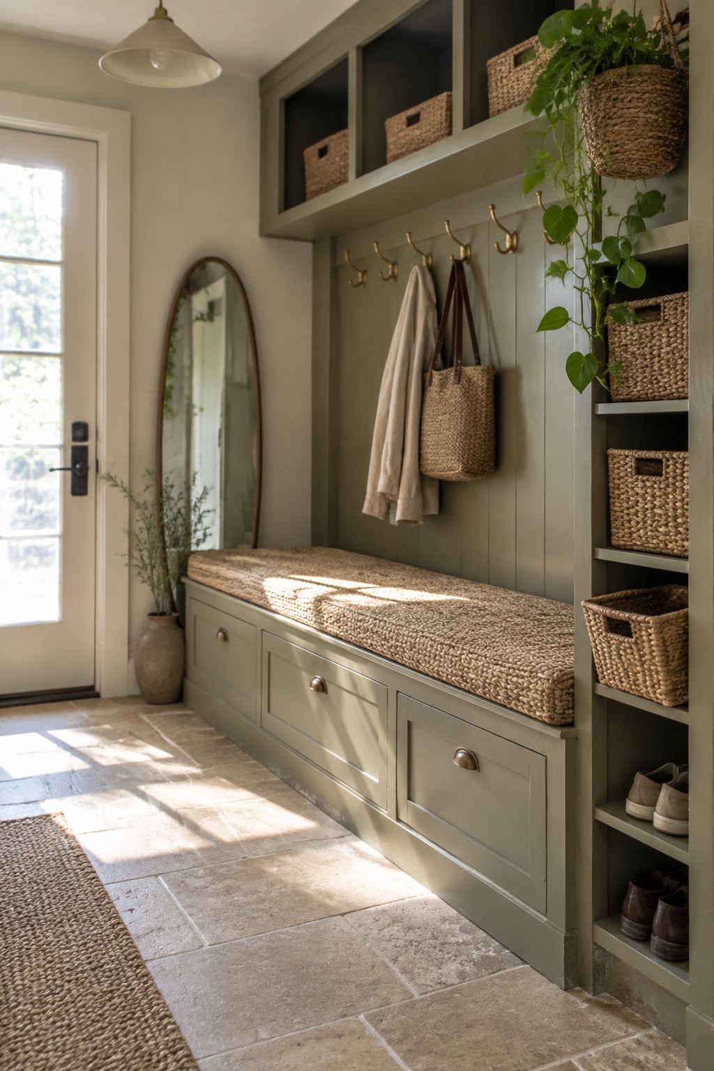 Muted sage paint covers the entryway’s paneled wall, bench cabinetry, and open shelves.