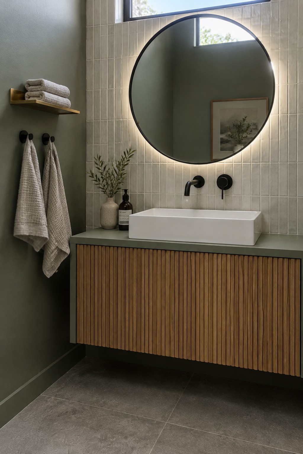 Muted sage green bathroom wall beside cream tile and a wood vanity.