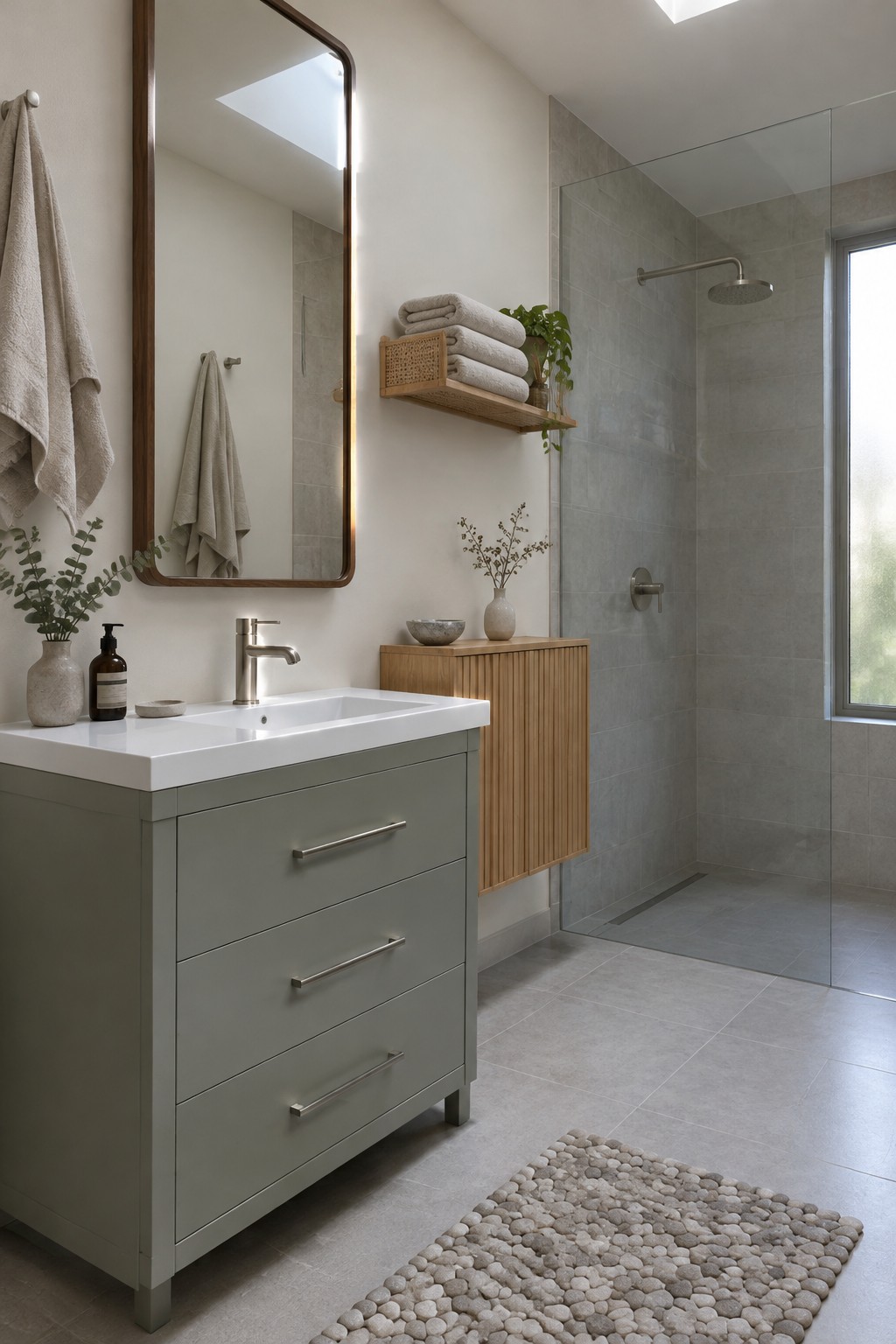 Muted sage green bathroom walls beside a warm wood vanity and gray tile shower.