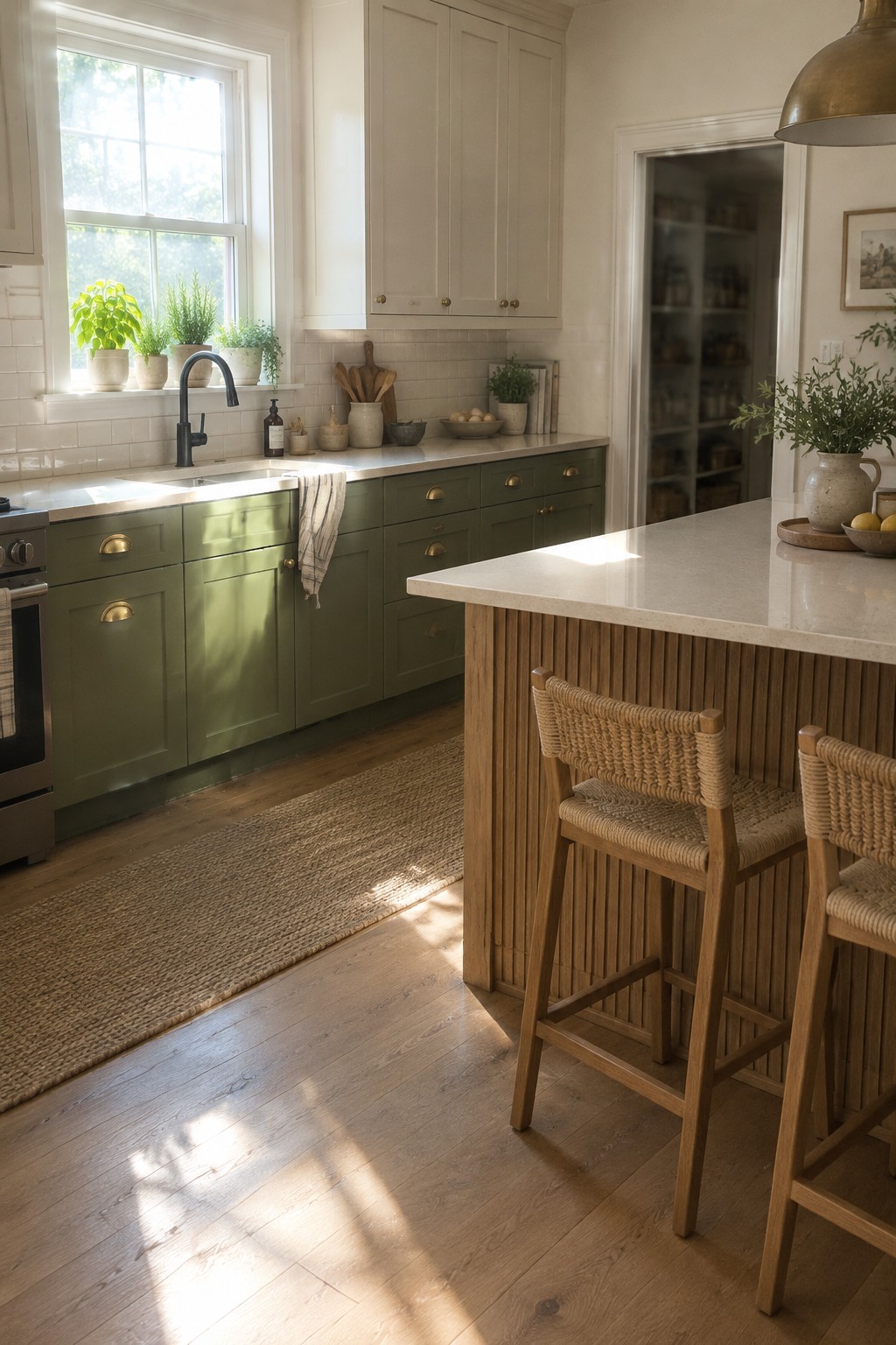 Olive green kitchen cabinets beside a warm wood island.
