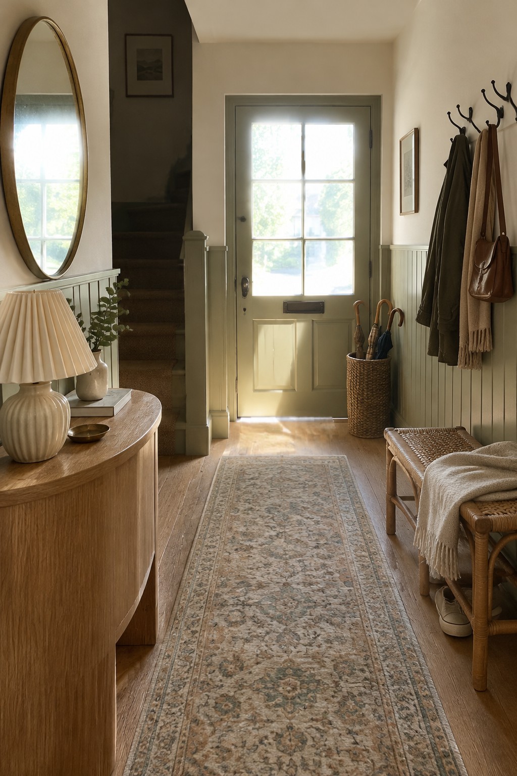 Pale sage green walls in an entry hallway with warm wood flooring.
